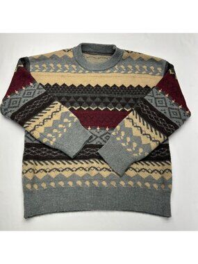 Vintage Nordic Style Knit Sweater Crewneck Multicolor Geometric Pattern Warm Win